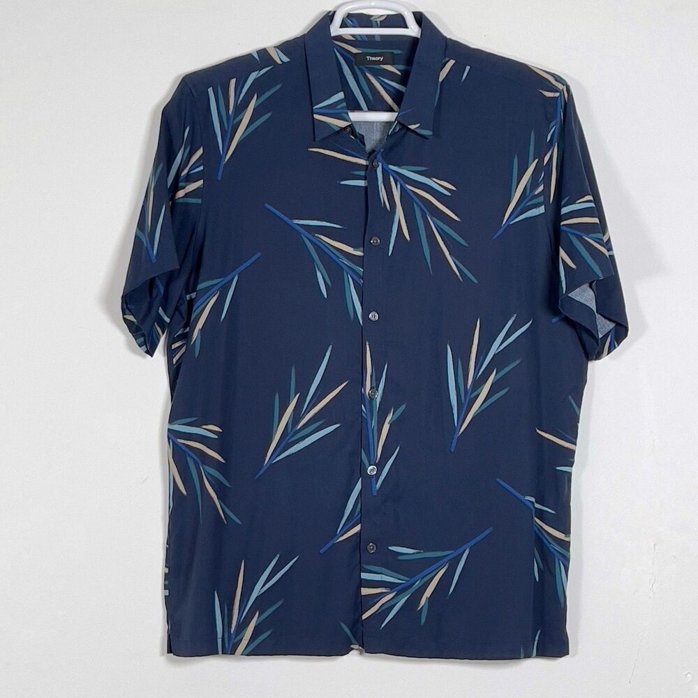 Theory Irving Short Sleeve Shirt Mens Size XL Navy Blue Stem Print 100% Lyocell